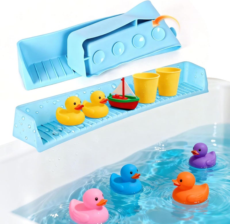 Himake Splash Guard for Bathtub Kids, Longer Silicone Bathtub Splash Guard with 11 Suction Cups, Bath Tub Play Shelf for Kids & Toy Holder, Prevent Water Spill in Bathroom, Blue - Image 1